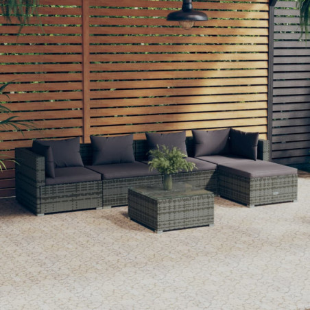 6-tlg. Garten-Lounge-Set mit Kissen Poly Rattan Grau