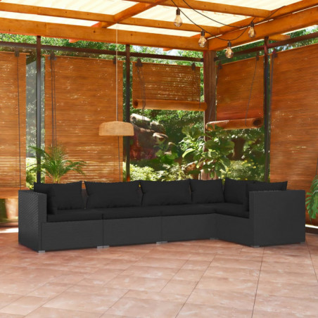 5-tlg. Garten-Lounge-Set mit Kissen Poly Rattan Schwarz