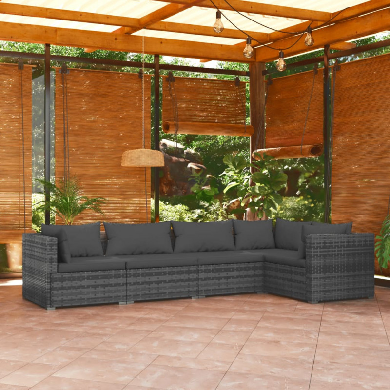 5-tlg. Garten-Lounge-Set mit Kissen Poly Rattan Grau