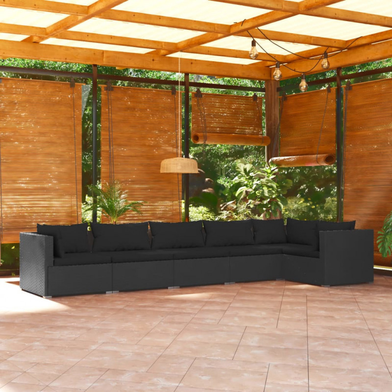 6-tlg. Garten-Lounge-Set mit Kissen Poly Rattan Schwarz