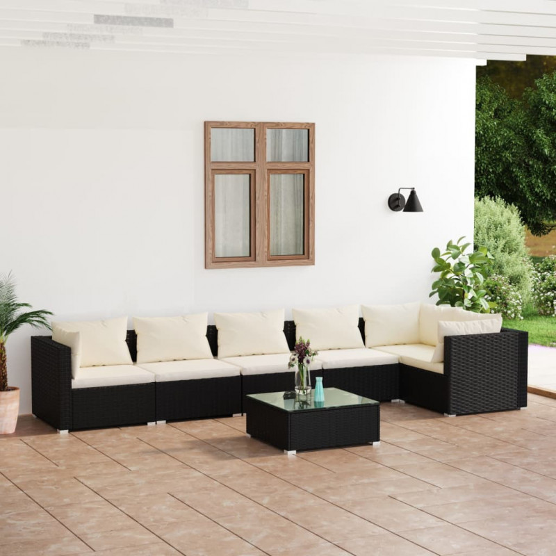 7-tlg. Garten-Lounge-Set mit Kissen Poly Rattan Schwarz