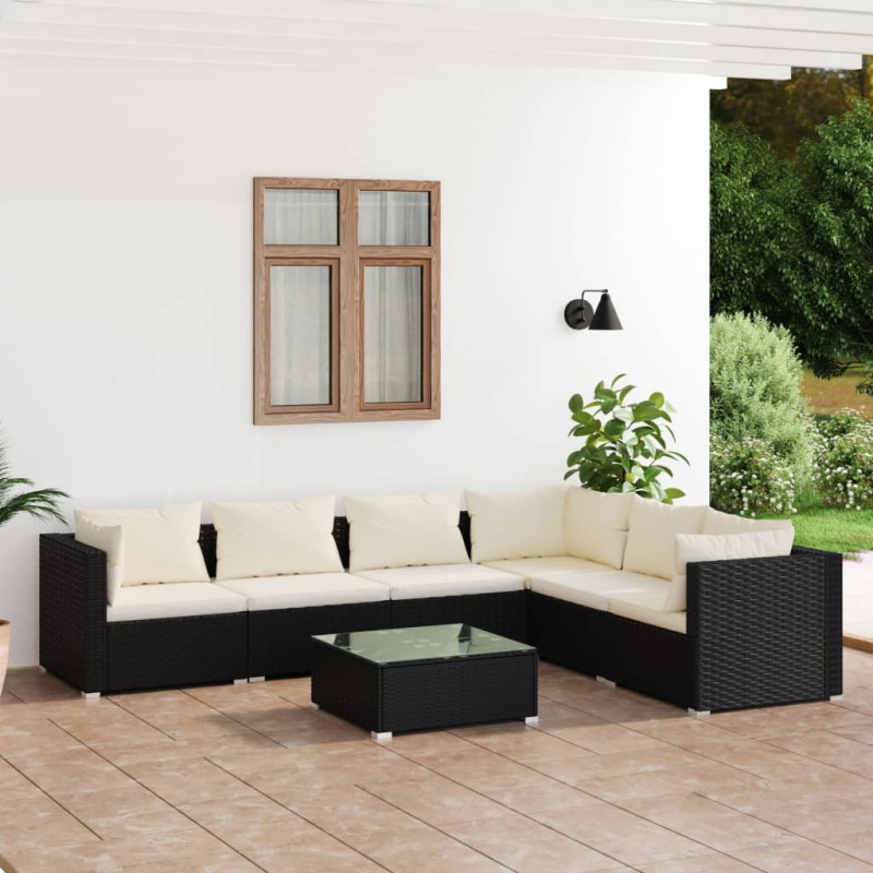 7-tlg. Garten-Lounge-Set mit Kissen Poly Rattan Schwarz