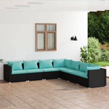 7-tlg. Garten-Lounge-Set mit Kissen Poly Rattan Schwarz