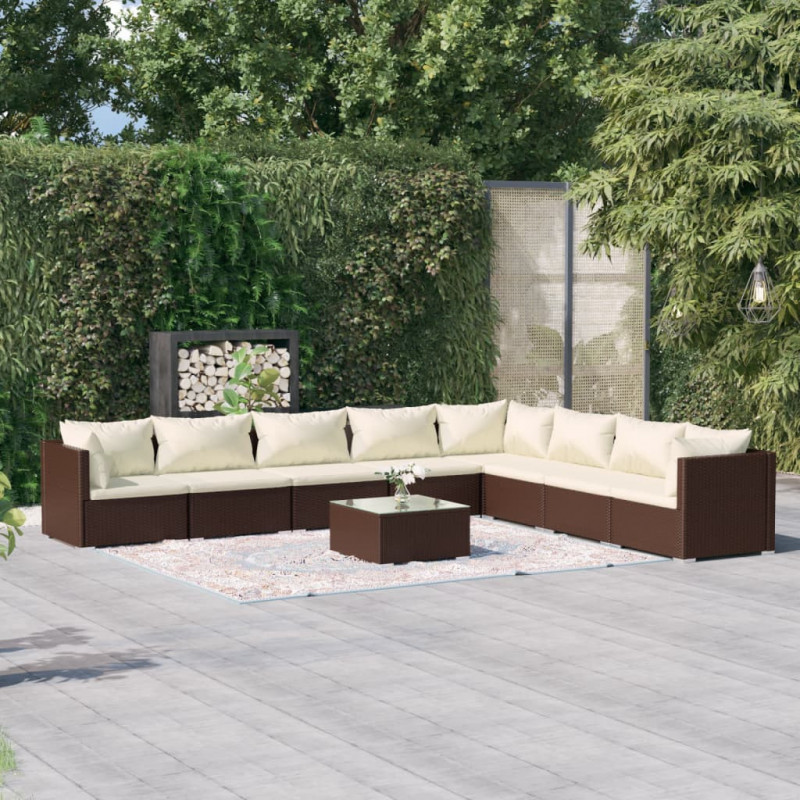 9-tlg. Garten-Lounge-Set mit Kissen Poly Rattan Braun