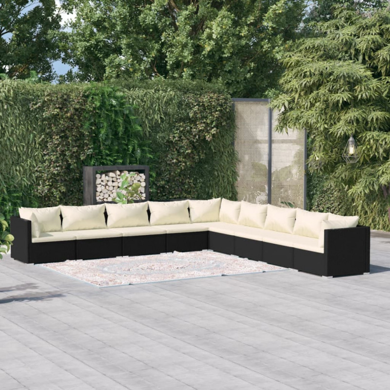 9-tlg. Garten-Lounge-Set mit Kissen Poly Rattan Schwarz