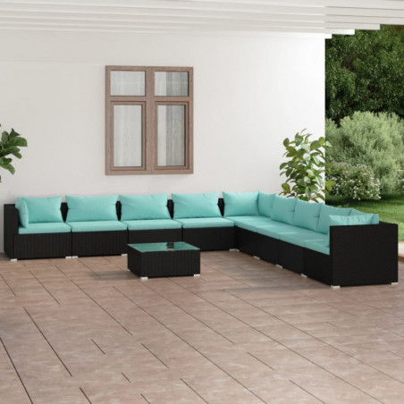 10-tlg. Garten-Lounge-Set mit Kissen Poly Rattan Schwarz