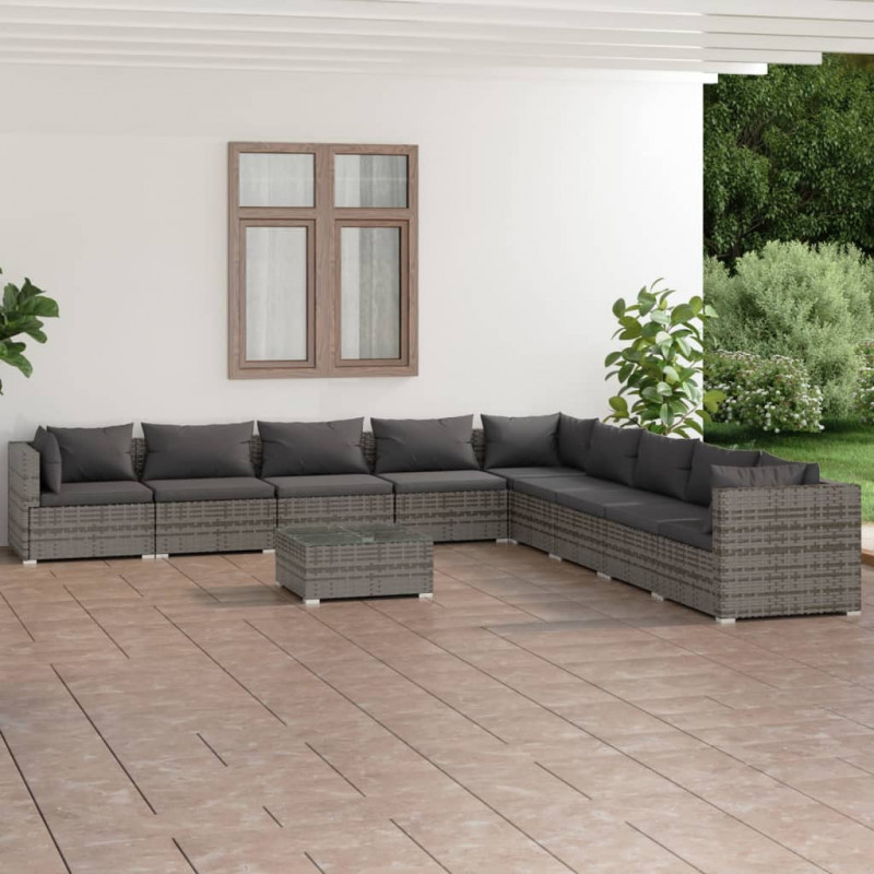 10-tlg. Garten-Lounge-Set mit Kissen Poly Rattan Grau