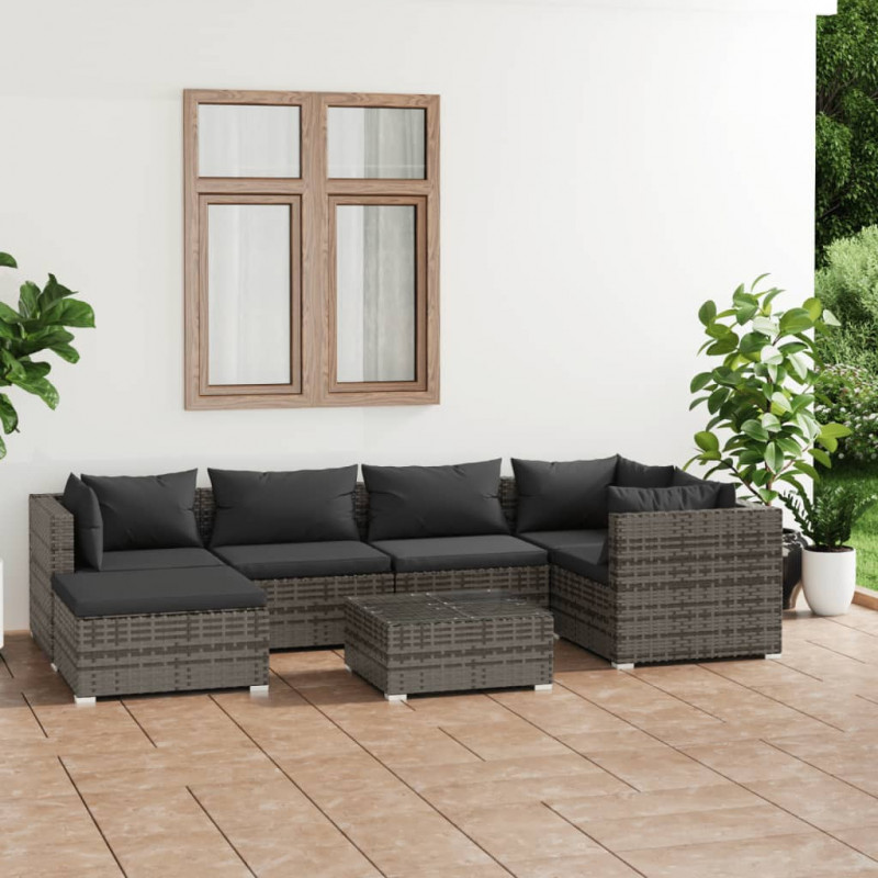 7-tlg. Garten-Lounge-Set mit Kissen Poly Rattan Grau