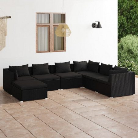 7-tlg. Garten-Lounge-Set mit Kissen Poly Rattan Schwarz