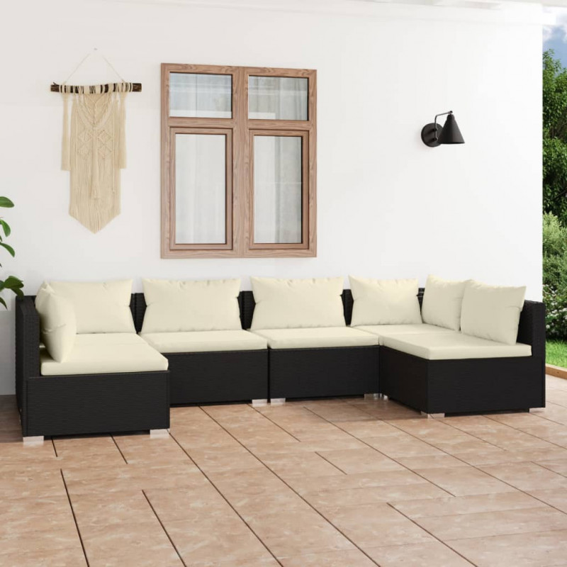 6-tlg. Garten-Lounge-Set mit Kissen Poly Rattan Schwarz