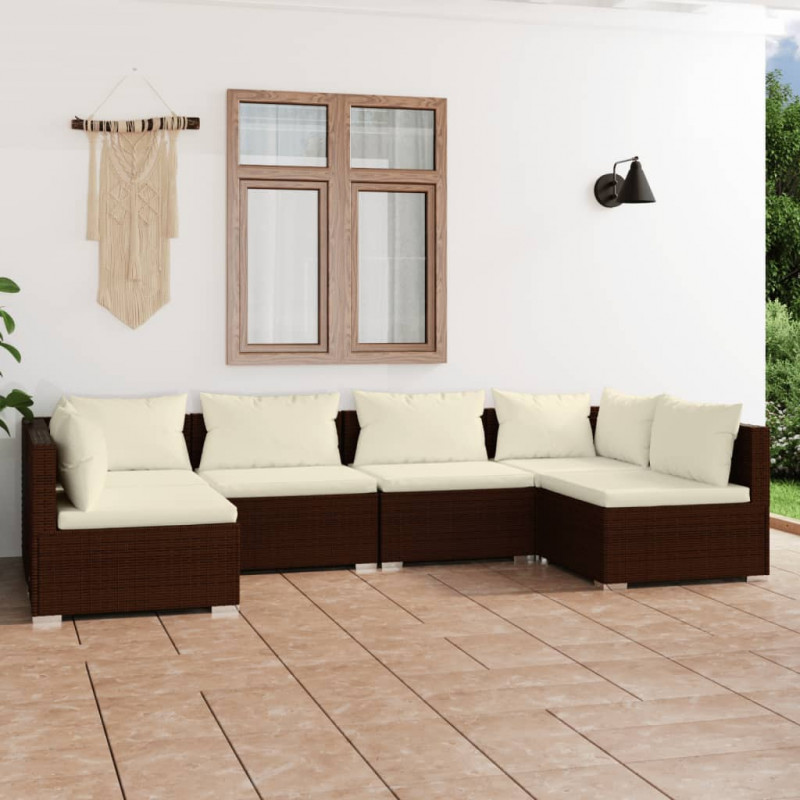 6-tlg. Garten-Lounge-Set mit Kissen Poly Rattan Braun