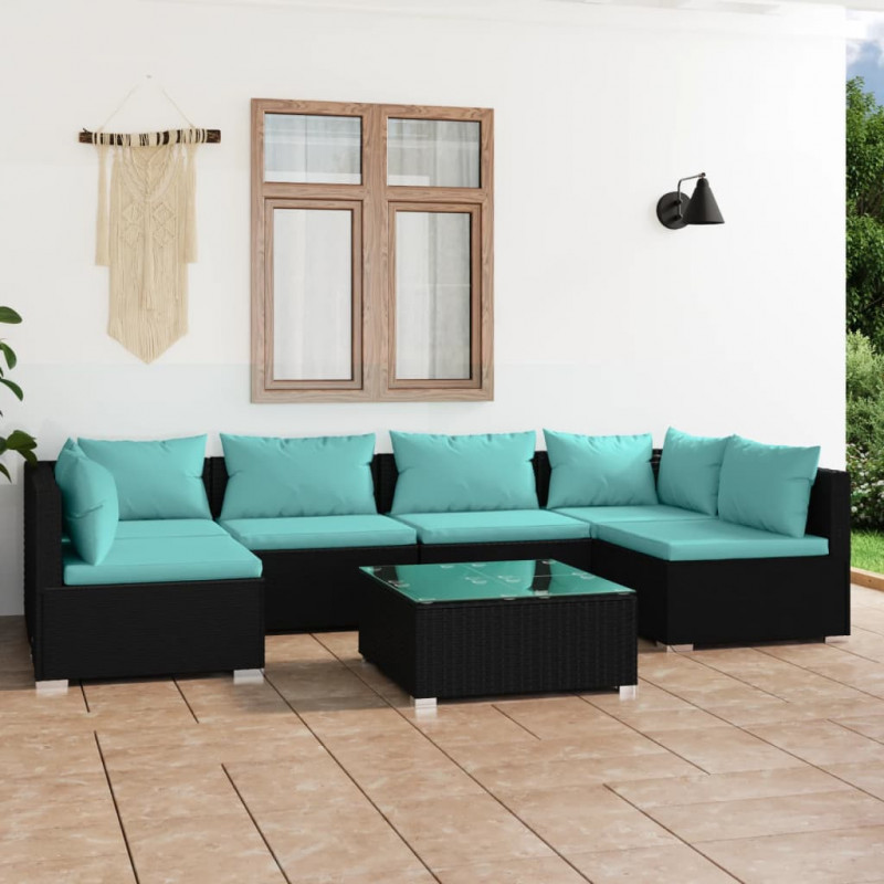 7-tlg. Garten-Lounge-Set mit Kissen Poly Rattan Schwarz