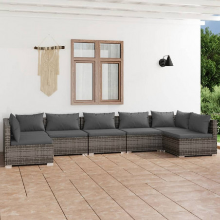 7-tlg. Garten-Lounge-Set mit Kissen Poly Rattan Grau