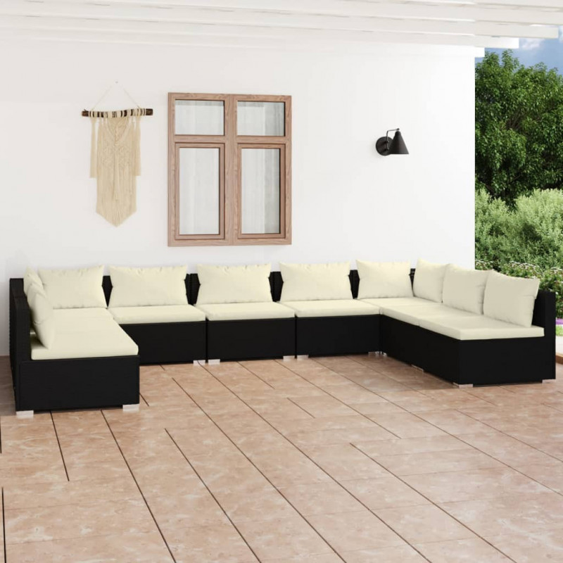 9-tlg. Garten-Lounge-Set mit Kissen Poly Rattan Schwarz