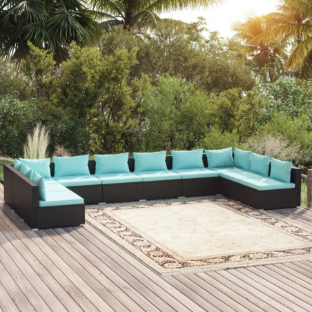 10-tlg. Garten-Lounge-Set mit Kissen Poly Rattan Schwarz