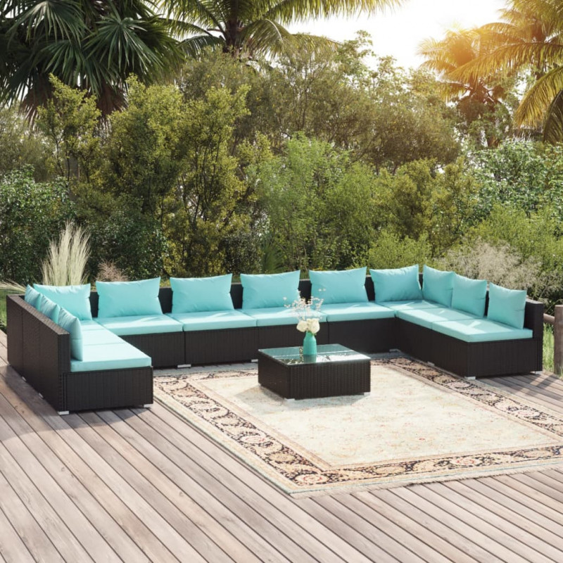 11-tlg. Garten-Lounge-Set mit Kissen Poly Rattan Schwarz