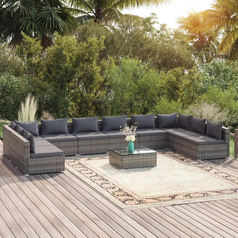 11-tlg. Garten-Lounge-Set mit Kissen Poly Rattan Grau