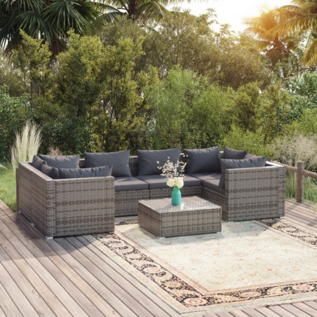 7-tlg. Garten-Lounge-Set mit Kissen Poly Rattan Grau