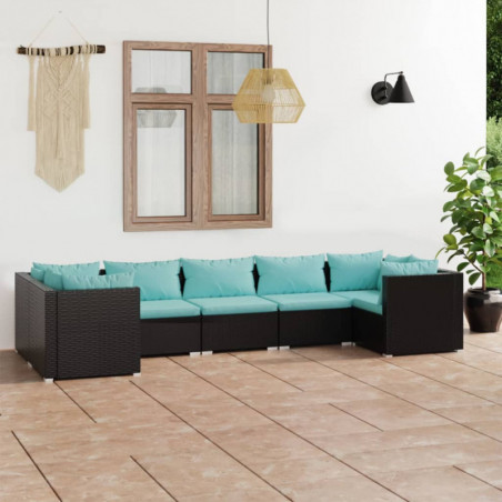 7-tlg. Garten-Lounge-Set mit Kissen Poly Rattan Schwarz