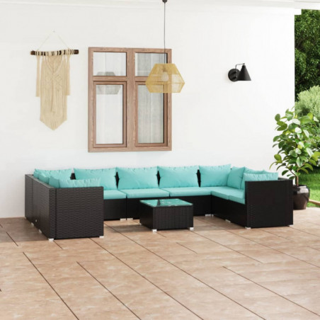 10-tlg. Garten-Lounge-Set mit Kissen Poly Rattan Schwarz