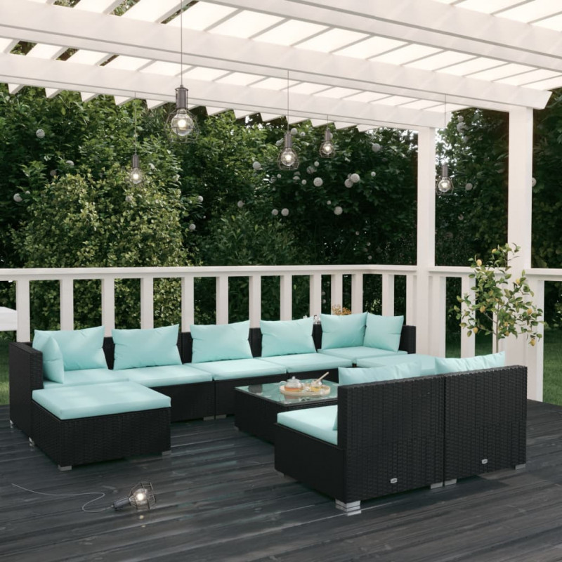 10-tlg. Garten-Lounge-Set mit Kissen Schwarz Poly Rattan