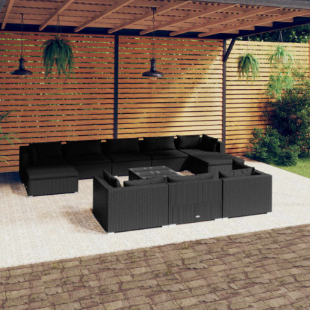 11-tlg. Garten-Lounge-Set mit Kissen Schwarz Poly Rattan