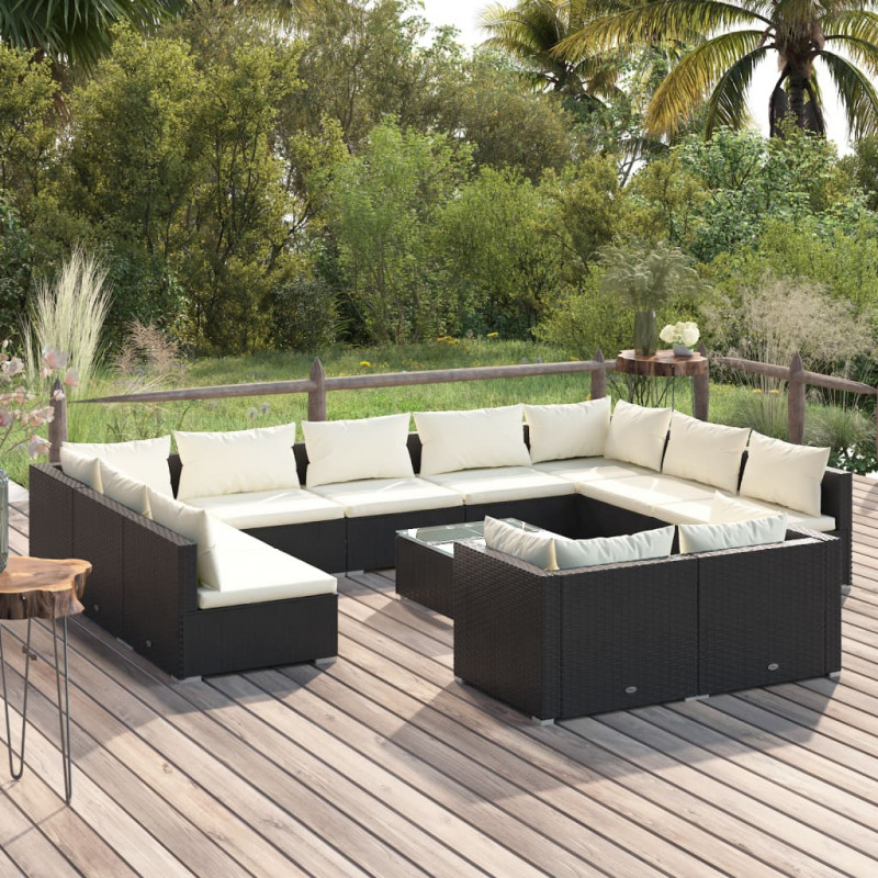 12-tlg. Garten-Lounge-Set mit Kissen Schwarz Poly Rattan