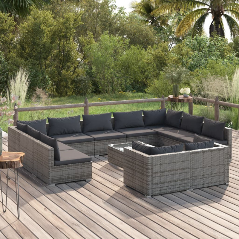 12-tlg. Garten-Lounge-Set mit Kissen Grau Poly Rattan