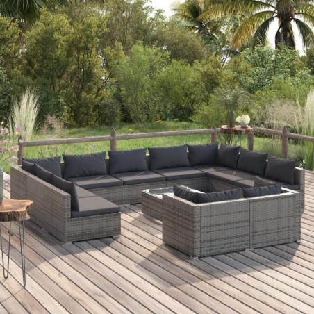 12-tlg. Garten-Lounge-Set mit Kissen Grau Poly Rattan