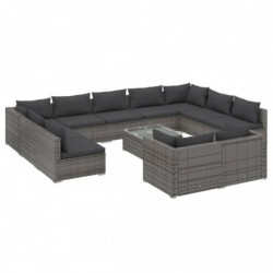 12-tlg. Garten-Lounge-Set mit Kissen Grau Poly Rattan