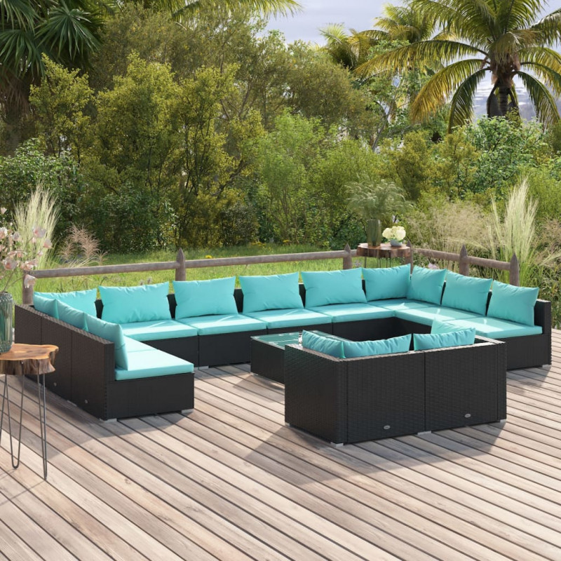 13-tlg. Garten-Lounge-Set mit Kissen Schwarz Poly Rattan