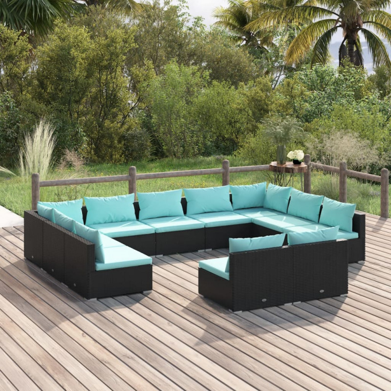 11-tlg. Garten-Lounge-Set mit Kissen Schwarz Poly Rattan