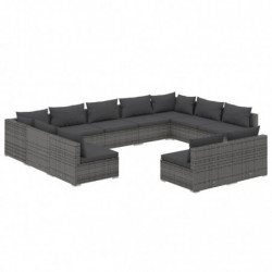 11-tlg. Garten-Lounge-Set mit Kissen Grau Poly Rattan