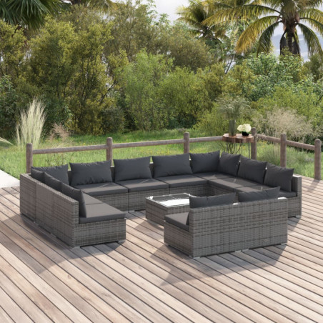 12-tlg. Garten-Lounge-Set mit Kissen Grau Poly Rattan