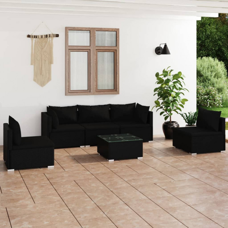 6-tlg. Garten-Lounge-Set mit Kissen Poly Rattan Schwarz