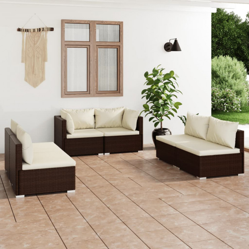 6-tlg. Garten-Lounge-Set mit Kissen Poly Rattan Braun