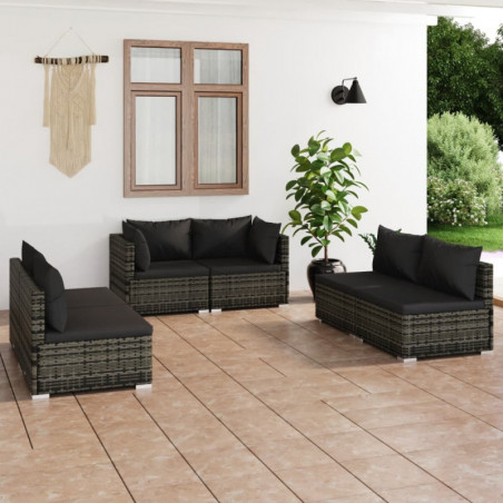 6-tlg. Garten-Lounge-Set mit Kissen Poly Rattan Grau