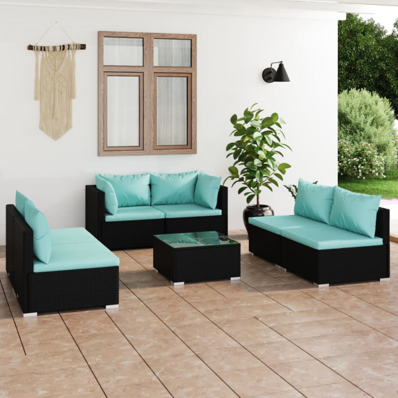 7-tlg. Garten-Lounge-Set mit Kissen Poly Rattan Schwarz