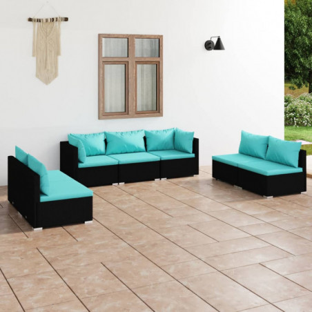 7-tlg. Garten-Lounge-Set mit Kissen Poly Rattan Schwarz