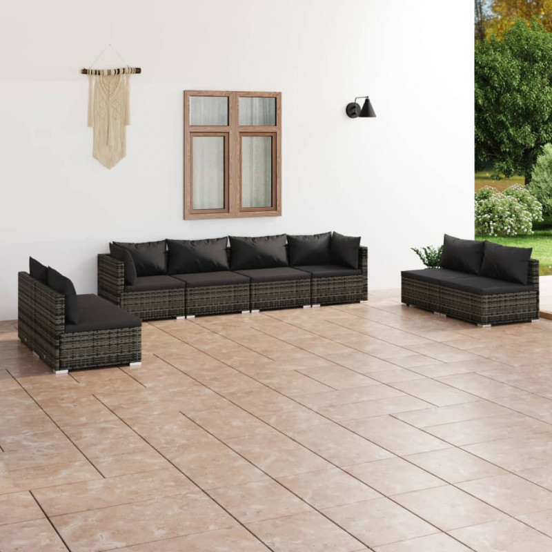 8-tlg. Garten-Lounge-Set mit Kissen Poly Rattan Grau