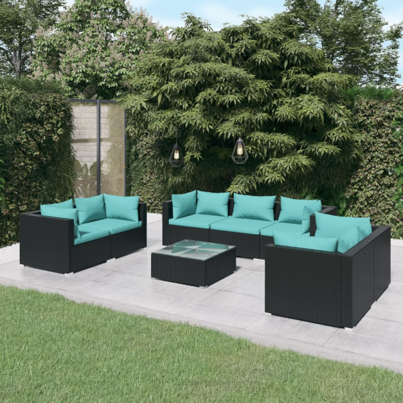 8-tlg. Garten-Lounge-Set mit Kissen Poly Rattan Schwarz