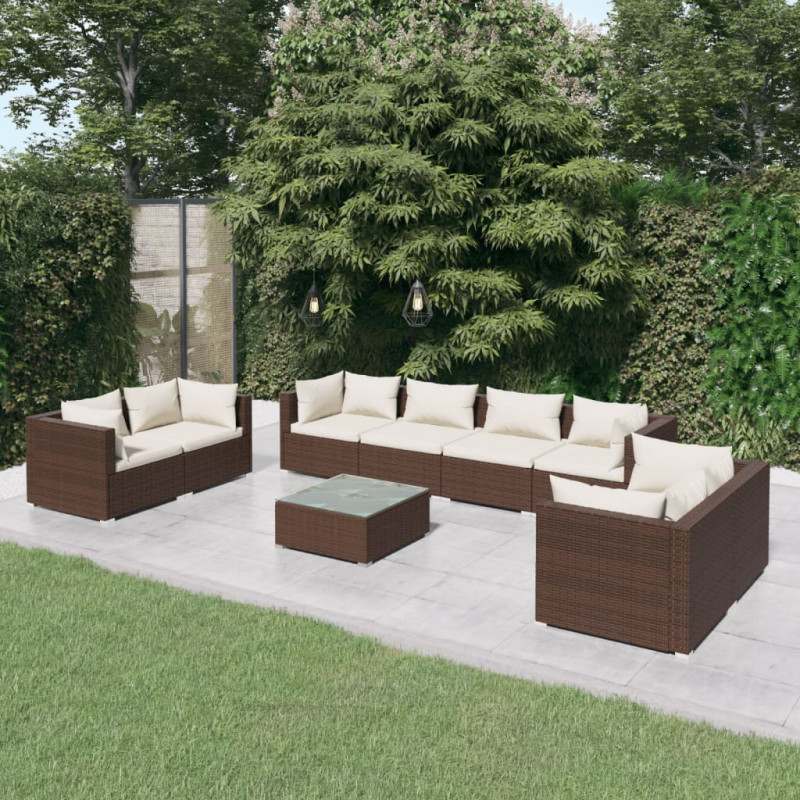 9-tlg. Garten-Lounge-Set mit Kissen Poly Rattan Braun