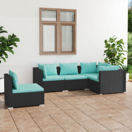 5-tlg. Garten-Lounge-Set mit Kissen Poly Rattan Schwarz