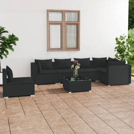 7-tlg. Garten-Lounge-Set mit Kissen Poly Rattan Schwarz