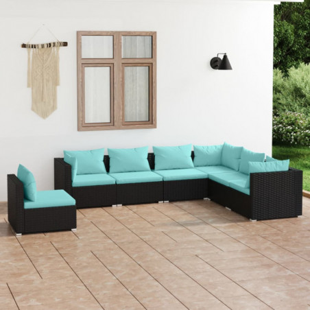 7-tlg. Garten-Lounge-Set mit Kissen Poly Rattan Schwarz