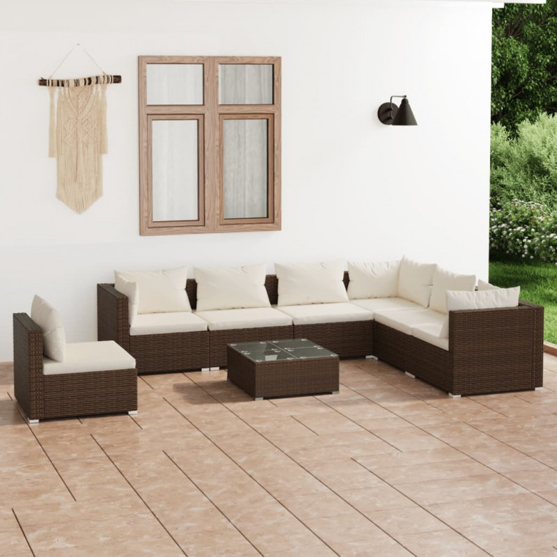 8-tlg. Garten-Lounge-Set mit Kissen Poly Rattan Braun