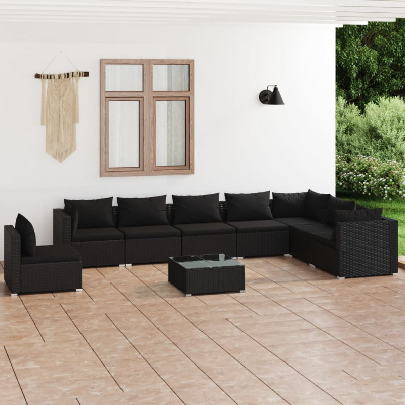 9-tlg. Garten-Lounge-Set mit Kissen Poly Rattan Schwarz