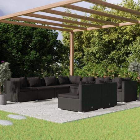 9-tlg. Garten-Lounge-Set mit Kissen Schwarz Poly Rattan