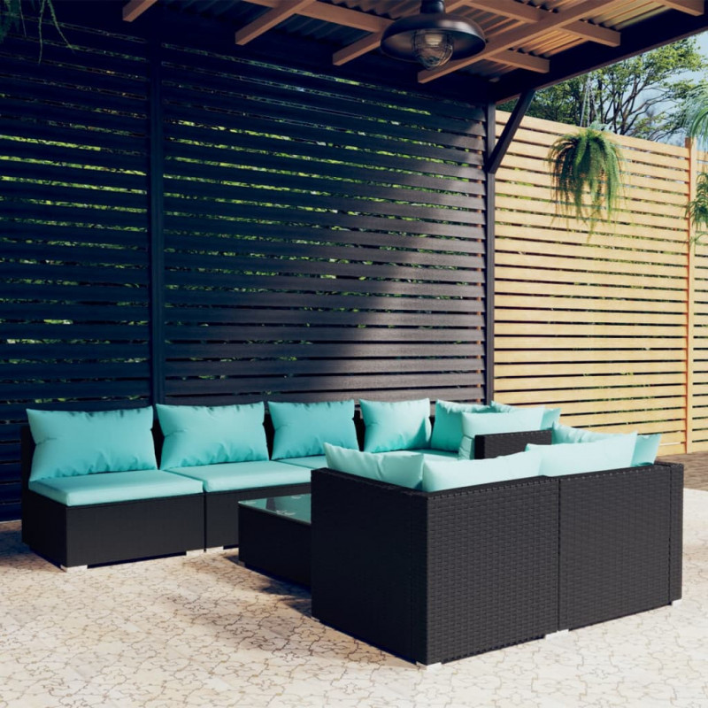 8-tlg. Garten-Lounge-Set mit Kissen Schwarz Poly Rattan