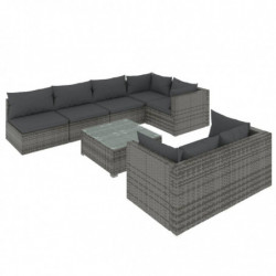 8-tlg. Garten-Lounge-Set mit Kissen Grau Poly Rattan